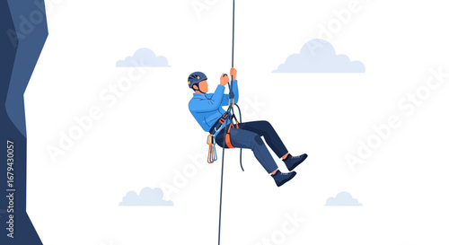 Man Rappelling Down With Equipment Against a White Background and Soft Clouds