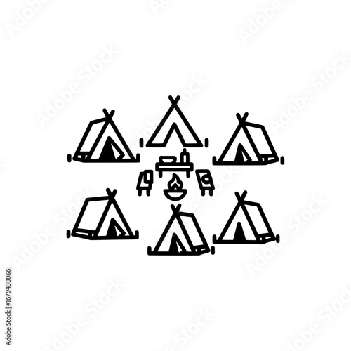 Tent campsite with campfire and chairs with transparent background