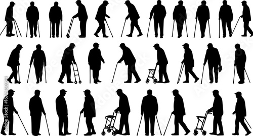 Group of elderly senior people with walking aids silhouette set large collection.
