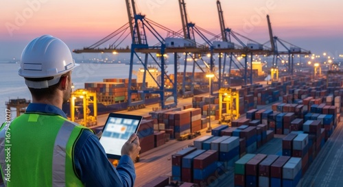 Port worker using tablet to manage container terminal operations