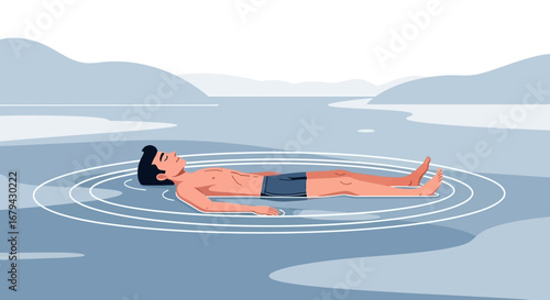 Man relaxing and floating in the water enjoying meditation and mindfulness outdoors