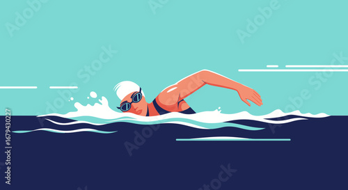 Vibrant Illustration of a Swimmer in the Open Water with Minimalist Aquatic Design
