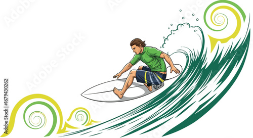 Vibrant Illustration Of A Surfer Riding An Energetic Wave With Decorative Swirls