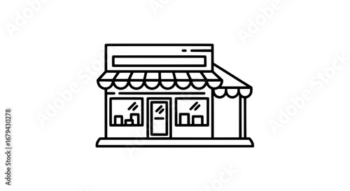 Small shop with striped awning and storefront with transparent background