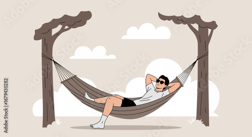 Man relaxing in a hammock between two trees on a sunny day in a minimalistic illustration