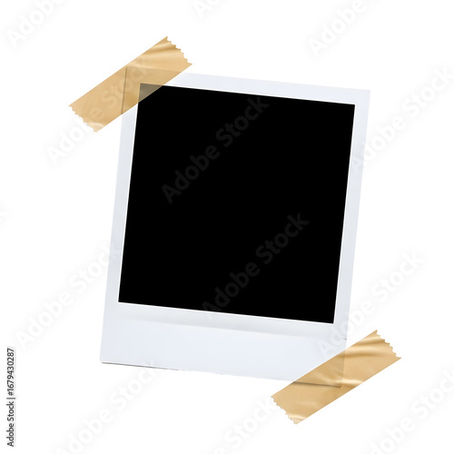 A blank instant photo frame, taped to a white background, ready to be personalized with memories and images