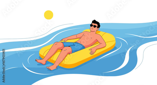 Man relaxing on inflatable raft in the water enjoying the sun with sunglasses