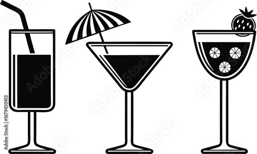 Elegant Cocktail Glass Collection Minimalist Black and White Drink Illustrations for Bar and Restaurant Promotion