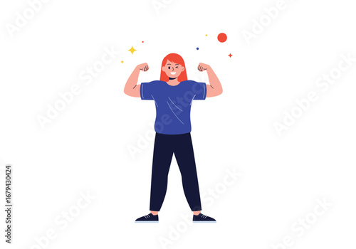 A happy person flexes their muscles demonstrating strength and confidence