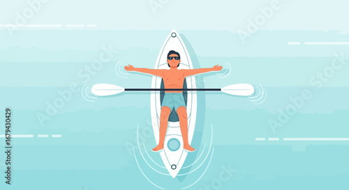 Man Relaxing On Kayak With Sunglasses And Crossed Arms Floating On Calm Water