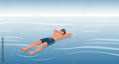 Man Relaxing On The Water, Minimalistic Illustration For Summer Fun And Tranquility