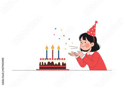 A young girl in a birthday hat blows out candles on a cake