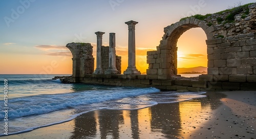 Fototapeta Naklejka Na Ścianę i Meble -  Sunset over Ancient Coastal Ruins.