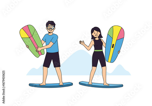 Young couple enjoying summer vacation activities on the beach with surfboards