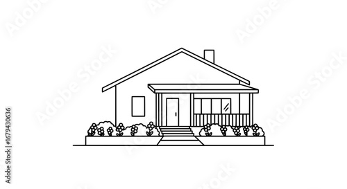 House with porch and garden with transparent background