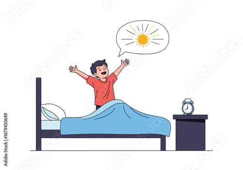 Young boy waking up feeling refreshed and stretching his arms towards the bright morning sun illustration