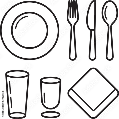 Vector Outline Collection of Dining Icons Side Plate, Fork, Spoon, Knife, Tumbler, and Napkin Place Setting