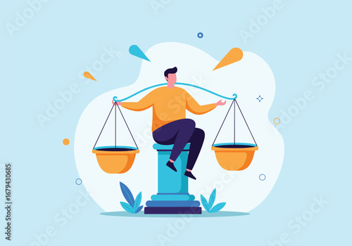 Man sitting on scales balancing justice and fairness with social responsibility