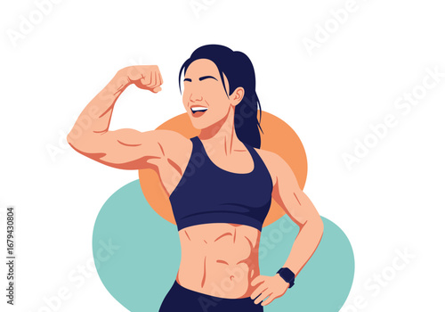 Strong woman flexing biceps muscles showing physical fitness and health