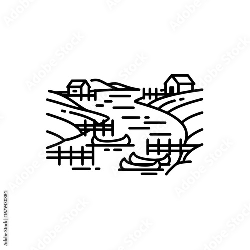 Landscape of rural houses and river with transparent background