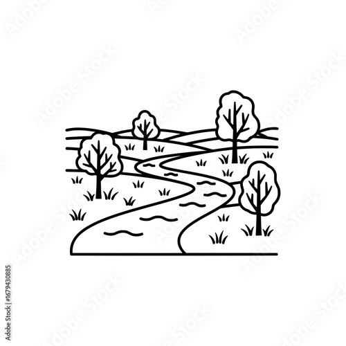 Landscape with winding river and trees with transparent background