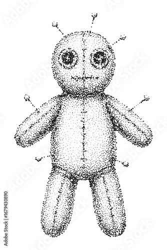 Voodoo Doll with Pins, Stipple Dot Work Art Illustration.