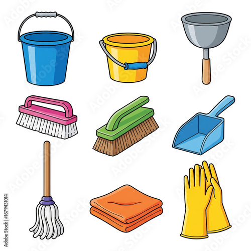 A vibrant collection of essential household cleaning tools and equipment, including buckets, brushes, mops, and gloves, ready for various domestic tasks and chores to maintain a tidy living space