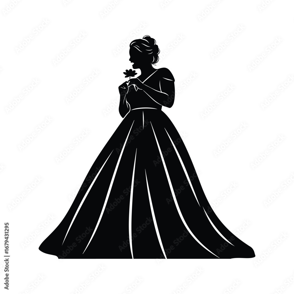 Fototapeta premium Black silhouette of a woman in a ball gown holding a flower female dress