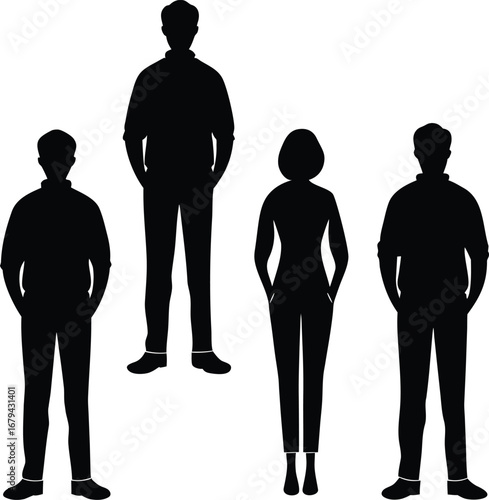 Silhouette of diverse people standing tall demonstrating togetherness and unity for a strong corporate team and community representation black and white illustration