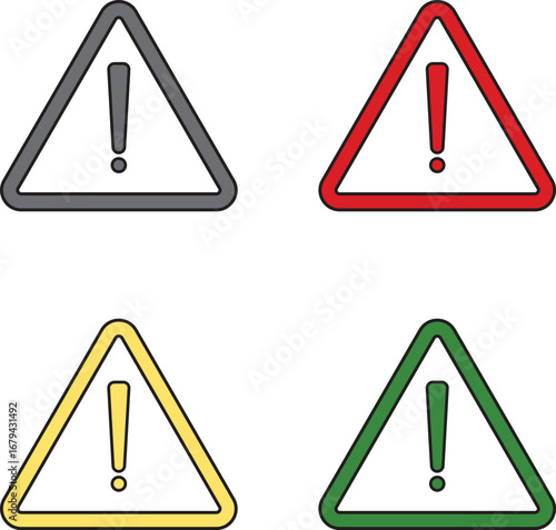 Alert warning signs:  four color options, simple flat design, cautionary mood.