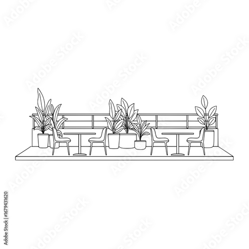 Outdoor patio with chairs and plants with transparent background