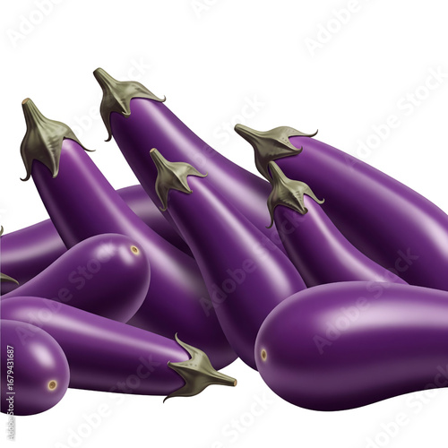 Freshly harvested purple aubergines piled together in a vibrant display, showcasing organic vegetables for healthy cooking on an isolated white background