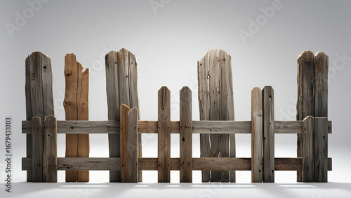 Rustic wooden fence with weathered planks and posts on a light background image photo