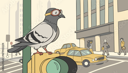 A pigeon wearing tiny VR goggles, sitting on a traffic light in a bustling downtown street, cinematic depth of field, ultra-realistic and humorous urban wildlife concept art vector illustration 