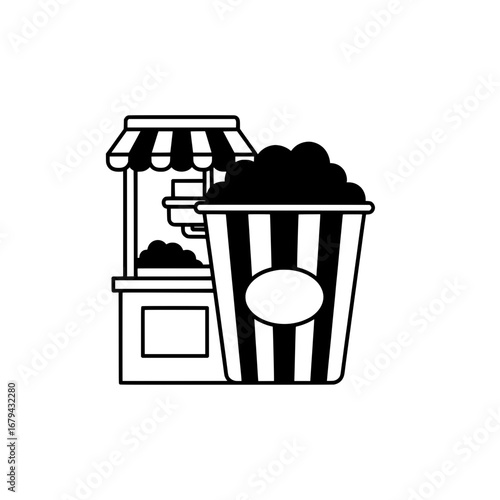 Popcorn bucket with popcorn and snack stand with transparent background