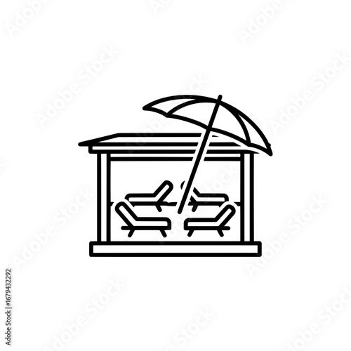 Beach lounge chairs with umbrella on wooden deck with transparent background
