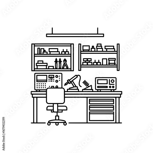 Workstation with tools and equipment with transparent background