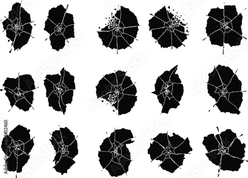 Black and white cracked circular patterns with radial fracture designs, broken glass texture vector elements, abstract shattered surface illustration set, geometric damage effect