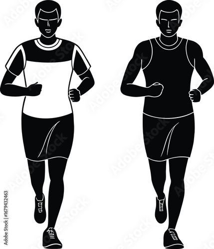 Two runners in black and white illustration promoting health wellness and fitness showcasing contrasting sportswear and silhouettes against a clean background