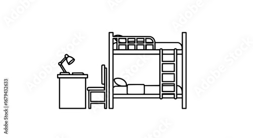 Bunk bed with desk and chair with transparent background