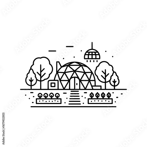 Geodesic dome greenhouse with trees and garden beds with transparent background