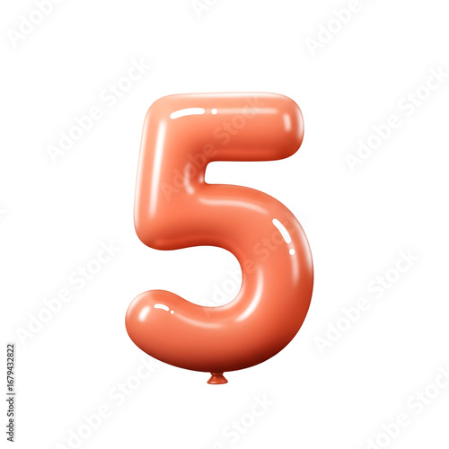 3D rendered coral number five balloon with glossy finish, perfect for celebrations and special occasions