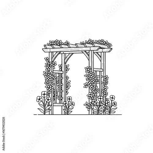 Garden arbor with flowers and plants with transparent background
