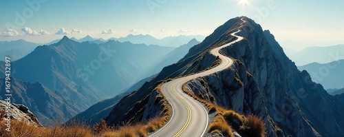 A winding road ascending a mountain, symbolizing the journey of career progression and the challenges overcome to reach the summit of success , dedication, horizon, mountain