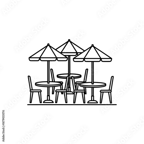 Outdoor patio with umbrellas and chairs with transparent background
