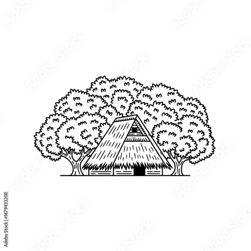 Traditional rural house with trees and thatched roof with transparent background