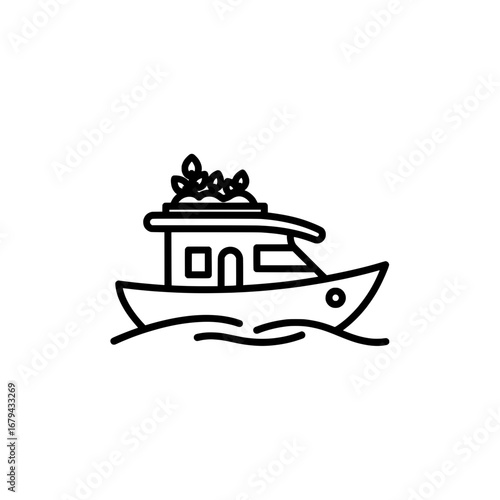 Boat with flowers on the water with transparent background