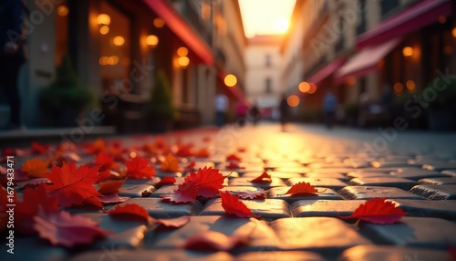 Fototapeta Naklejka Na Ścianę i Meble -  Autumn leaves on cobblestone street with blurred buildings and sunset in the background scene view
