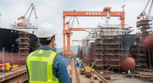 Engineer in safety vest and helmet overseeing shipbuilding in yard