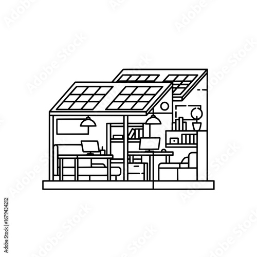 Home office with solar panels and green energy features